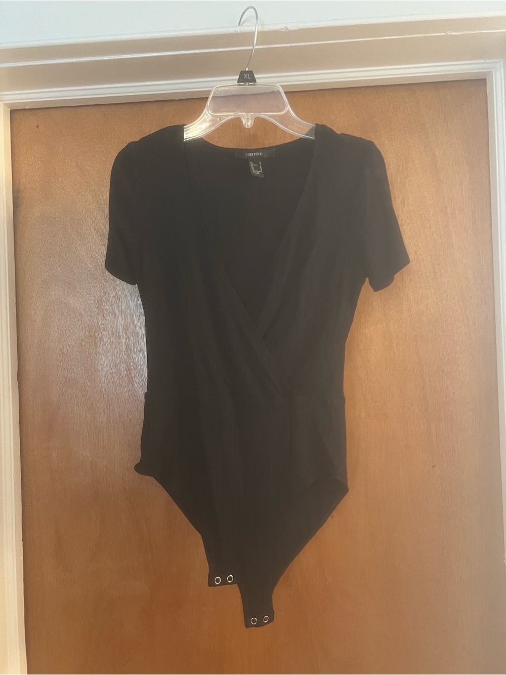 Forever 21 Women’s Black Ribbed Surplice V-Neck Short-Sleeve Bodysuit